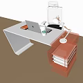 Modern Office Desk With Laptop Coffee Cup Desk Lamp White Chair And Brown File Cabinet