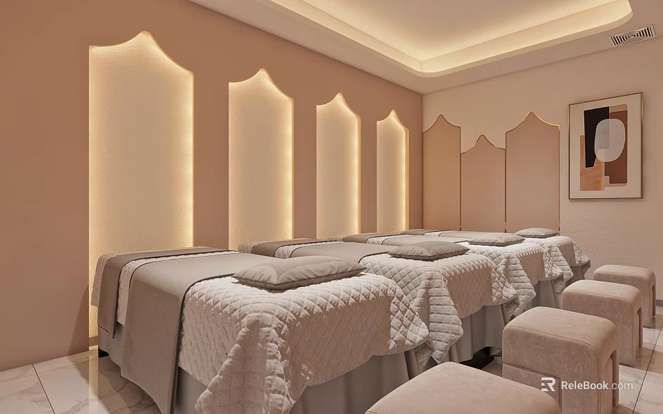 Elegant SPA Sauna Interior With Pink Walls Arched Light Strips Massage Beds And Stools 3d model 