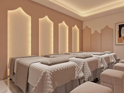 Elegant SPA Sauna Interior With Pink Walls Arched Light Strips Massage Beds And Stools 3d model