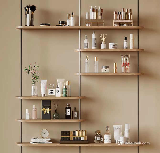 Stylish Bathroom Accessories On Multi Tiered Shelves Organized With Skincare Bottles Decor In Beige Bathroom 3d model 
