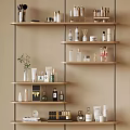 Stylish Bathroom Accessories On Multi Tiered Shelves Organized With Skincare Bottles Decor In Beige Bathroom