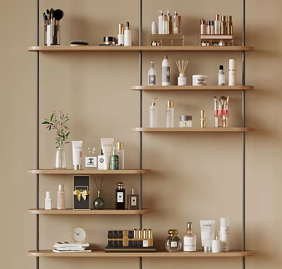 Stylish Bathroom Accessories On Multi Tiered Shelves Organized With Skincare Bottles Decor In Beige Bathroom 3d model