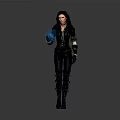 Woman With Long Black Hair In Dark Futuristic Outfit And Mechanical Arm Standing Pose