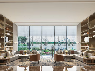 Modern Leisure Lounge Interior With Large Windows Bookshelves And Comfortable Seating 3d model