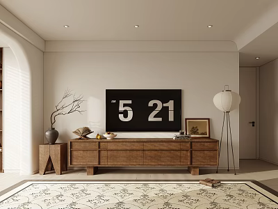 Modern Living Room Interior With 5 21 Number Decor Wooden TV Cabinet And Floor Lamp 3d model