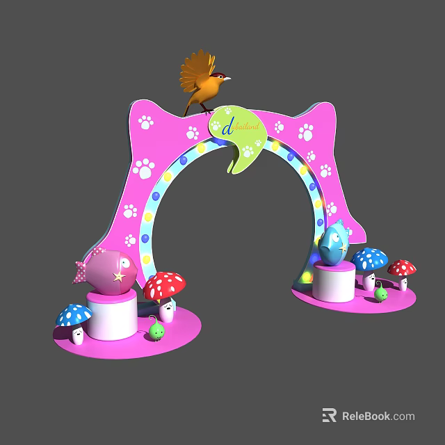 Pink Decorative Arch With Paw Prints Number 4 Bird And Colorful Mushroom Eggs 3d model 