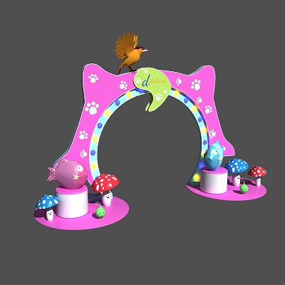 Pink Decorative Arch With Paw Prints Number 4 Bird And Colorful Mushroom Eggs 3d model
