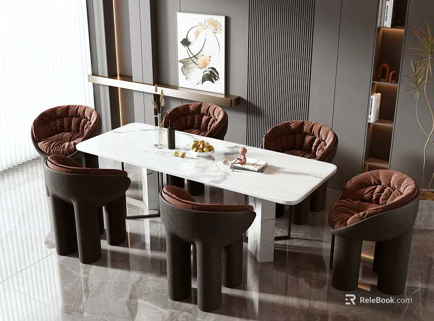 Elegant Modern Dining Table Set With White Marble Surface And Brown Upholstered Chairs 3d model 