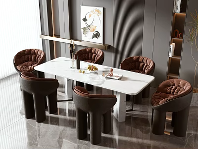 Elegant Modern Dining Table Set With White Marble Surface And Brown Upholstered Chairs 3d model