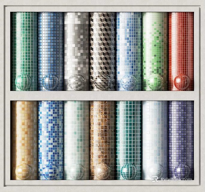 Various Colored Stone Wood Mosaic Tiles with Unique Patterns on Shelf 3d model 