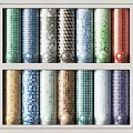 Various Colored Stone Wood Mosaic Tiles with Unique Patterns on Shelf