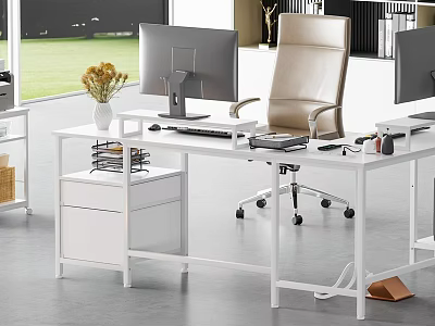 White Office Desk Setup with Computer Monitor Keyboard Mouse Drawer Cabinet Vase and Office Chair 3d model