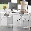 White Office Desk Setup with Computer Monitor Keyboard Mouse Drawer Cabinet Vase and Office Chair
