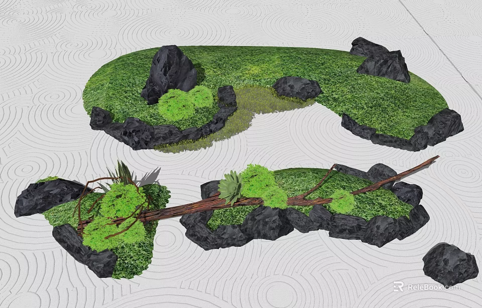 Natural Garden Ornament With Green Grass Black Stones Moss And Branches 3d model 