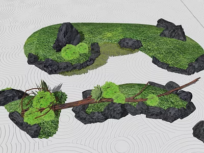 Natural Garden Ornament With Green Grass Black Stones Moss And Branches 3d model