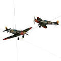 Detailed Green Red Fighter Airplane Models With Propellers On White Background