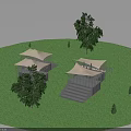 Outdoor Scene With White Canopy Structures Green Grass Trees And Steps On Lawn
