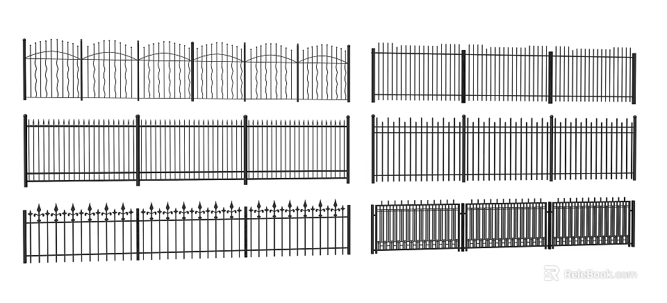 Different Iron Fence Designs With Decorative Patterns And Vertical Bars 3d model 