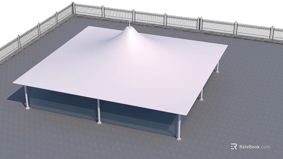 White Square Outdoor Canopy With Supporting Poles And Fence Structure 3d model