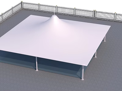 White Square Outdoor Canopy With Supporting Poles And Fence Structure 3d model