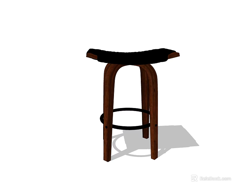 Modern Wooden Stool With Black Seat Curved Legs And Footrest 3d model 