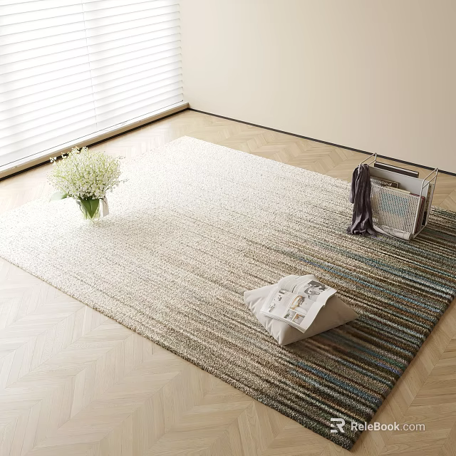 Square Striped Neutral Tones Rug With White Flower Vase Woven Basket And Herringbone Wooden Floor 3d model 