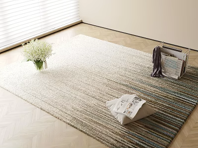 Square Striped Neutral Tones Rug With White Flower Vase Woven Basket And Herringbone Wooden Floor 3d model