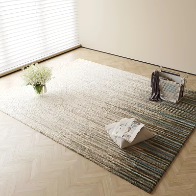 Square Striped Neutral Tones Rug With White Flower Vase Woven Basket And Herringbone Wooden Floor 3d model