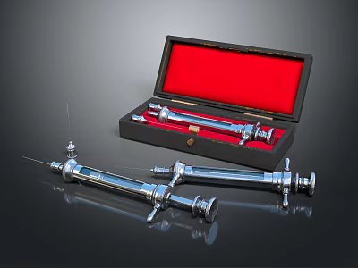 Vintage Medical Instruments Including Metal Syringes in Open Case with Red Lining 3d model