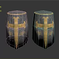 Pair Of Medieval Armor Helmets With Gold Cross Decoration And Vintage Design