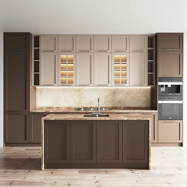 Modern Kitchen Interior With Island Countertop Sink Cabinets And Built In Oven 3d model 
