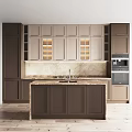 Modern Kitchen Interior With Island Countertop Sink Cabinets And Built In Oven