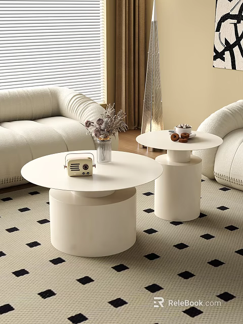Modern Living Room Sofa And Coffee Table Set With Simple Round Design And Retro Radio 3d model 