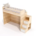 Wooden Loft Single Bed with Storage Drawer Stairs and Patterned Bedding Pillows 3d model