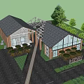 Commercial Complex Featuring Red Brick Buildings Large Windows and Outdoor Seating Area