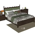 Double Bed With Dark Wooden Frame Green Scalloped Headboard Pillows And Botanical Quilt