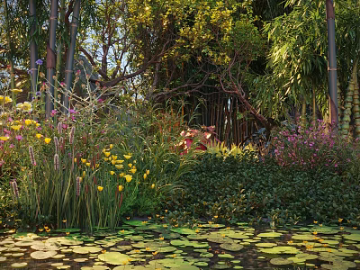 Tall Arbor In Lush Garden With Lily Pads Pond Colorful Flowers And Bamboo 3d model