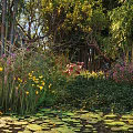 Tall Arbor In Lush Garden With Lily Pads Pond Colorful Flowers And Bamboo