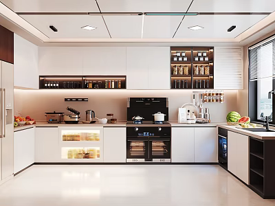 Modern Kitchen Interior With White Cabinets Open Shelves Appliances And Recessed Lighting 3d model