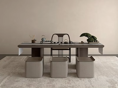 Minimalist Tea Table and Chairs with Tea Set Whisk and Green Plant on Rug 3d model