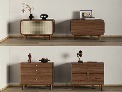 Modern Wooden Bedside Tables With Drawers Lamp Photo Frame Books Vase And Sculpture 3d model