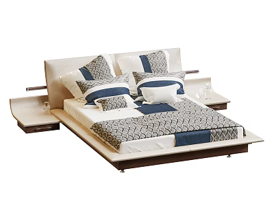 Modern Double Bed with Upholstered Headboard Blue White Pillows Geometric Pattern Bedspread and Bedside Tables 3d model