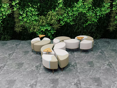 Modern Outdoor Chairs With Curved Design On Gray Stone Floor And Lush Greenery Backdrop 3d model