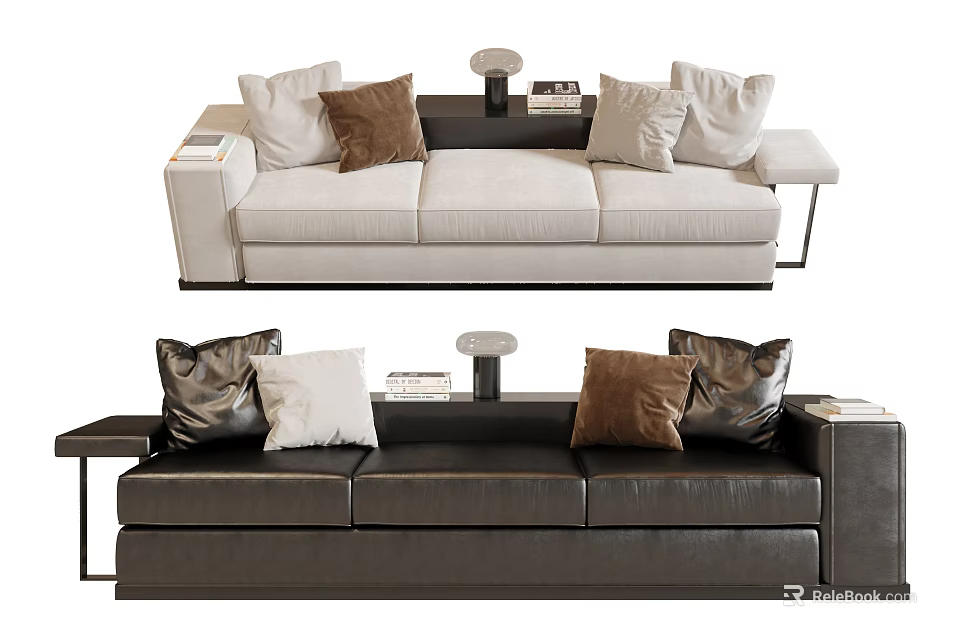 Light Beige Dark Gray Three Seater Sofas Featuring White Brown Black Pillows And Side Tables 3d model