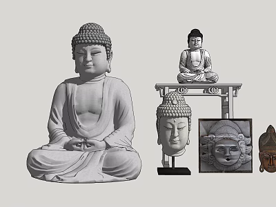 Carved Buddha Sculptures Featuring Sitting Statues Head Pieces And Masks 3d model