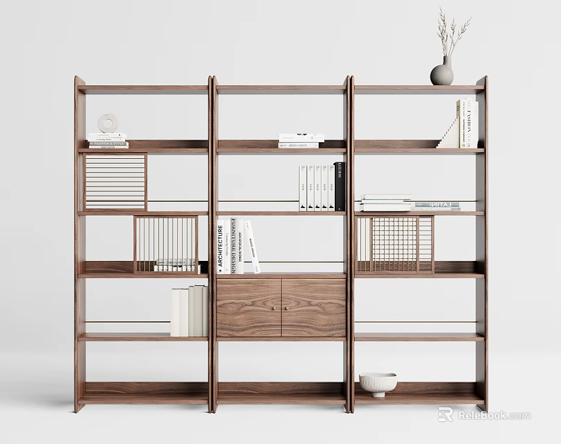 Wooden Bookshelf With Open Shelves Decorative Vase Books And Storage Compartments 3d model 