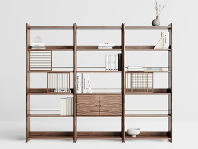 Wooden Bookshelf With Open Shelves Decorative Vase Books And Storage Compartments 3d model