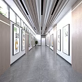 Modern Office Corridor With Wall Posters Ceiling Lights And Green Plants