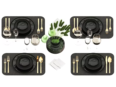Elegant Black Dinnerware Set With Gold Cutlery Glassware And Green Plant Decor 3d model