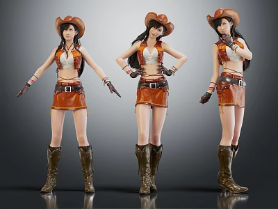 Detailed Cowgirl Character Models In Orange Outfit With Cowboy Hat And Boots 3d model